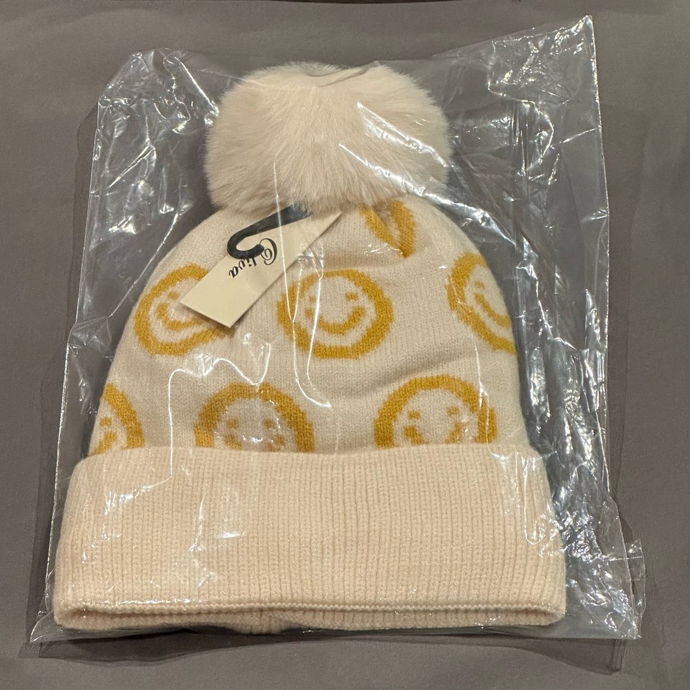 Cozy Glam Ivory Or Black Smiley Face Beanie w/Pom Pom NWT